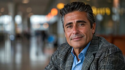 Fototapeta premium Middle-aged man in a blazer, smiling softly while sitting in a modern airport terminal, conveying warmth and ease.