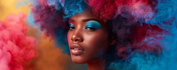 Fototapeta premium Side view of a African American woman with vibrant, colorful smoke-like hair, creating an artistic and surreal visual effect.