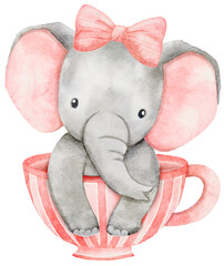 Watercolor baby elephant sitting in tea cup. African baby animal for baby shower girl, nursery decorations