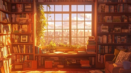 Cozy reading nook with city view, nighttime scene, plants, warm lighting, bookshelves, indoor garden, serene atmosphere, city lights, moonlit night, comfortable sofa, urban library