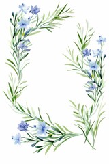 Fototapeta premium rosemary themed frame or border for photos and text. featuring delicate blue flowers and green foliage. watercolor illustration, white color background.