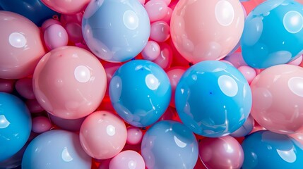 Pastel balloons in shades of blue, pink, and light pink, tight shot with visible center holes, vibrant colorful themes