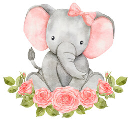 Watercolor baby elephant sitting in flowers wreath. African baby animal for baby shower girl, nursery decorations