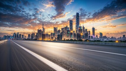 cyberpunk empty road against a cityscape High speed light effect Medium shot beautiful light and brightness 