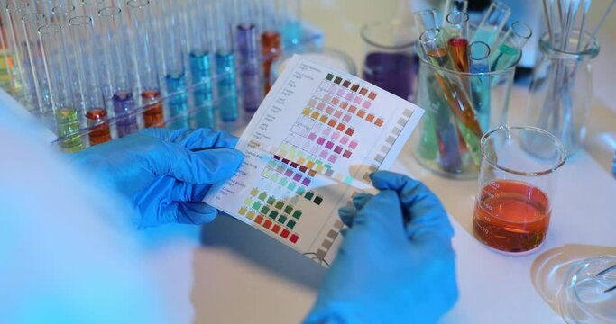 Scientist holds and examines test strip according to color chart