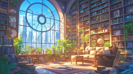 Cozy reading nook with city view, nighttime scene, plants, warm lighting, bookshelves, indoor garden, serene atmosphere, city lights, moonlit night, comfortable sofa, urban library