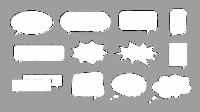 Pack of wiggle speech bubbles thin outline minimal style, Japanese cute scribble, comic chat cloud, talking bubble, dreaming symbol, thoughts. Loop animation on a transparent background_ alpha channel