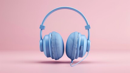 A pair of light blue headphones floats in midair against a pink background. The headphones are positioned with the earcups facing the viewer, highlighting the blue color and circular shape