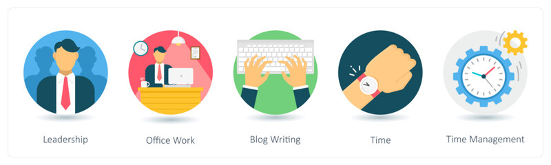A set of 5 business icons as leadership, office work, blog writing
