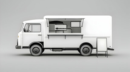 A white food truck with an open window with blank space for text at an empty advertise sign beside the car on a plain gray background