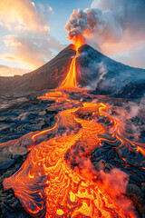 A volcano is currently erupting, and molten lava is streaming over the landscape