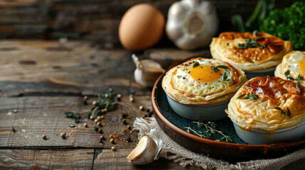 In a close-up image, discover homemade baked patties or pies filled with ramson wild garlic, eggs, and cheese, presented on a wooden table with a fabric napkin, showcasing local culinary artistry