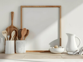 Home kitchen mockup frame copy space for text ,kitchen utensils recipe concept, wooden spoon, whisk, porcelain recipients