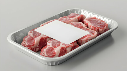 Meat food tray with blank paper label, 3d illustration