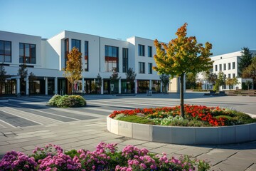 An open square featuring a sleek, white minimalist building in the center, with a small round flower bed in the corner filled with vibrant herbaceous blooms, under a clear blue sky