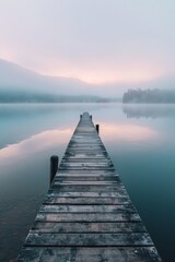 Fototapeta premium A wooden pier with a dock and a small boat. The water is calm and the sky is overcast