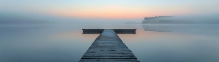 Naklejka premium A wooden pier with a dock and a small boat. The water is calm and the sky is overcast