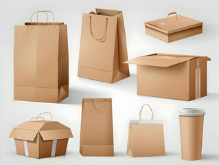 Vector cardboard food boxes shopping bags set