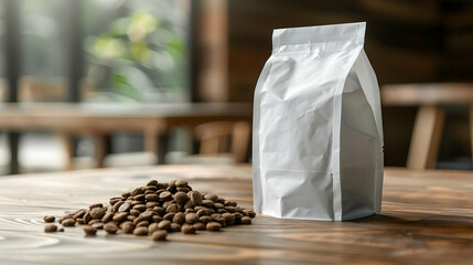White paper biodegradable bag with zip lock Packaging of dry pet cats or dogs food Copy space mockup for logo design or text Wooden table