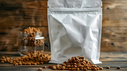 White paper biodegradable bag with zip lock Packaging of dry pet cats or dogs food Copy space mockup for logo design or text Wooden table