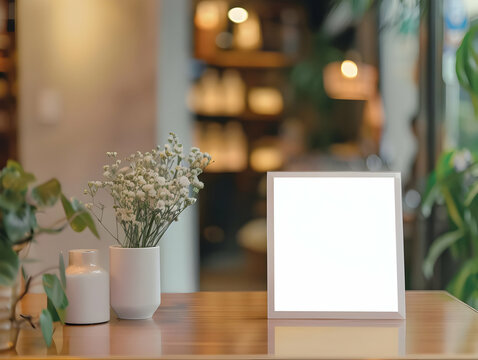 White label mockup for empty menu frame in store or beauty salon with plant flower Stand booklet paper tent card sheets on the reception desk displays your product background