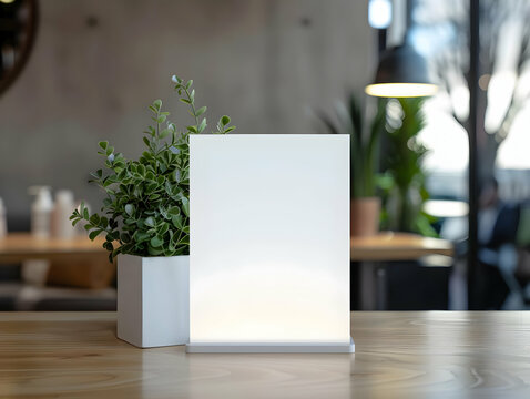White label mockup for empty menu frame in store or beauty salon with plant flower Stand booklet paper tent card sheets on the reception desk displays your product background