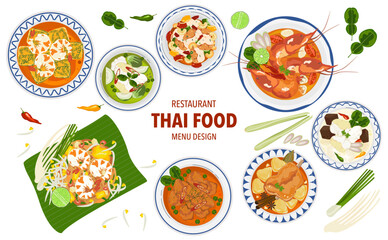 Set of vector banner illustrations with flat letters, delicious food. Thai food, red curry, tom yam, cooking from the top view, recipe, menu, restaurant for food design, poster. and background.
