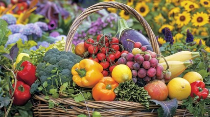 Abundant Harvest: Overflowing Basket with Fresh Produce from Local Farmers Market
