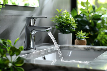 Geerative AI - A chrome faucet with water flowing in a bathroom 