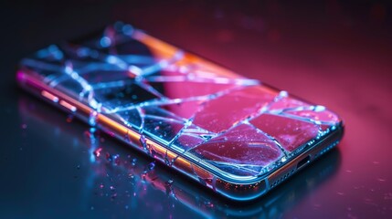 A smartphone with a shattered screen illuminated by neon lights