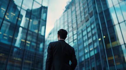 Fototapeta premium back of businessman in suit with business office glass modern buildings background for economic market stock investment, financial freedom portfolio or company profit and strategy growth IPO banner