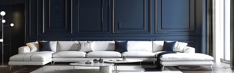 A spacious living room with a white leather sectional sofa, a modern floor lamp, and a coffee table, all set against a dark blue wall with intricate molding