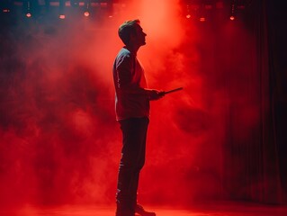 Proud and confident man standing on an illuminated stage receiving an award for his outstanding business