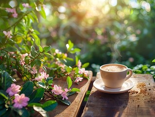 Cozy Coffee Cup Amid Lush Garden Greenery and Blooming Flowers