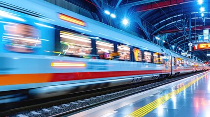 Fototapeta premium A high-speed train speeds away from a modern train station at night
