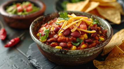Delight in tortilla chips paired with guacamole, salsa, and bean chili