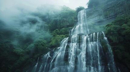Serene Cascade: Majestic Waterfall in Lush Mountainous Landscape with Rising Mist