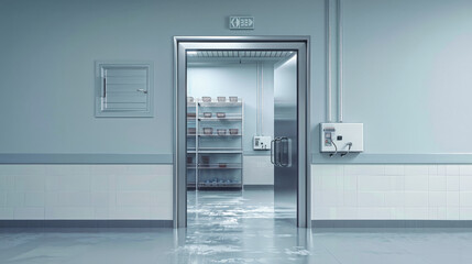 A closed door reveals the interior of an industrial refrigerated room, showcasing shelving units and a smooth, reflective floor