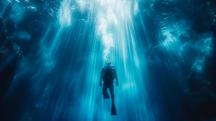 Fototapeta premium Diver silhouette background under the sea