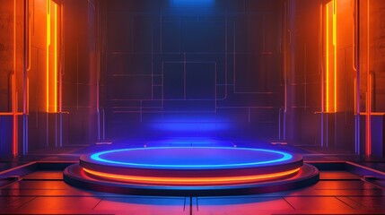 Cyber stage podium with neon orange glow, perfect for modern product showcase presentations in a sci-fi environment. Vector illustration.
