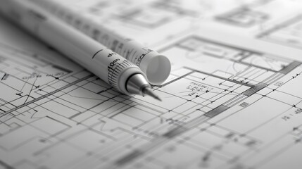 Close-up of Architect engineer drawing plan on blueprint with architect equipment
