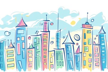 Fototapeta premium Cartoon cute doodles of a sleek geometric city skyline, Generative AI