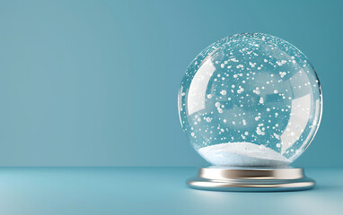 A detailed 3D render of an empty Christmas snow globe on a blue background with delicate snowfall and copy space for text.