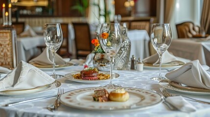 Fine Dining Experience at Luxurious Upscale Restaurant with Gourmet Dishes and Elegant Decor