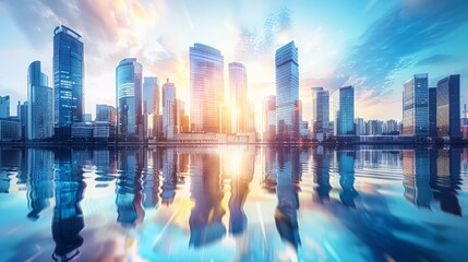 Fototapeta premium modern skyscrapers of a smart city, futuristic financial district with buildings and reflections 