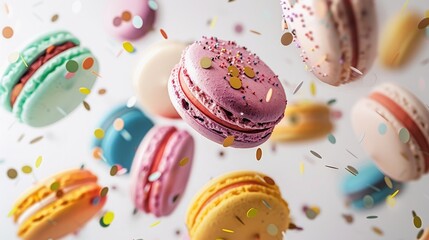 Obraz premium Colorful macarons flying through the air with confetti on a purple background. High quality photo