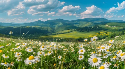 Beautiful spring and summer natural panoramic pastoral landscape with blooming field
