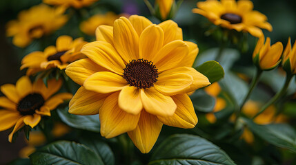 A yellow flower with a brown center is surrounded by other yellow flowers