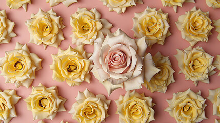 A bunch of yellow roses are arranged in a pattern on a pink background