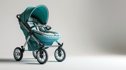 Teal Baby Stroller With Canopy and Soft Padded Seat on Gray Background Showing Modern Design, Comfort, Safety, and Smooth Mobility